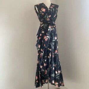 New REBECCA TAYLOR Black Floral Tulip Ruffle 100% Cotton Wrap Midi Dress Size 4